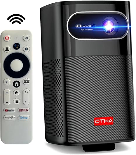 OTHA 1080P FHD Portable Projector, Built in Google TV, Netflix, DLP 3D Mini Projector, WiFi, Auto Focus & Keystone, 400 ANSI Lumens, Outdoor Video Projector, Integrated Battery, 3 Hours of Playtime