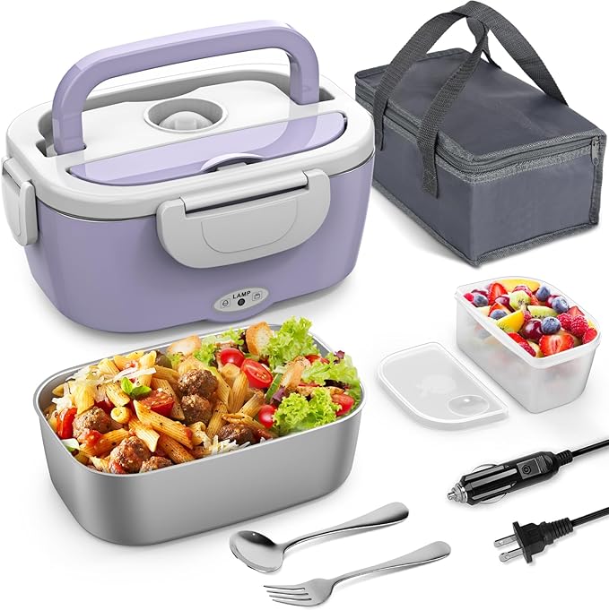 Electric Lunch Box, 3 in 1 Heated Lunch Box for Adults, Portable Heating Lunch Boxes for Car/Truck/Work/Home with 1.5L Removable Stainless Steel Container, 110V 24V 12V, Light Purple