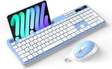 Load image into Gallery viewer, Wireless Keyboard and Mouse Combo, Soueto 2.4G Full-Sized Computer Keyboard with Phone Tablet Holder, 22 Multimedia Shortcuts, Numeric Keypad, 6 Button Silent Mouse for Windows, Mac (Blue)
