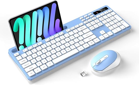 Wireless Keyboard and Mouse Combo, Soueto 2.4G Full-Sized Computer Keyboard with Phone Tablet Holder, 22 Multimedia Shortcuts, Numeric Keypad, 6 Button Silent Mouse for Windows, Mac (Blue)