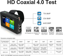 Load image into Gallery viewer, IP Camera Tester,4K H.265 IP CVBS CVI TVI AHD 4 inch Touchscreen CCTV Tester Monitor with PoE/IP discovery/RJ45 Cable Test/UTP Cable Test/PTZ Control(IPC-1800ADH Plus)
