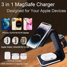 Load image into Gallery viewer, Magnetic Wireless Charger Stand 15W Fast Mag-Safe Charger 3-in-1 Charging Station with Sleep-Friendly Light for iPhone 16/16 Pro/16 Plus/16 Pro Max/15/14/13/12 Series, Apple Watch, AirPods
