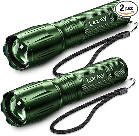 LETMY Tactical Flashlight - 2 Pack Bright Military Grade LED Flashlights High Lumens - Portable Handheld Flash Light, 5 Modes Zoomable Waterproof Flashlights for Home Emergency Camping- Green