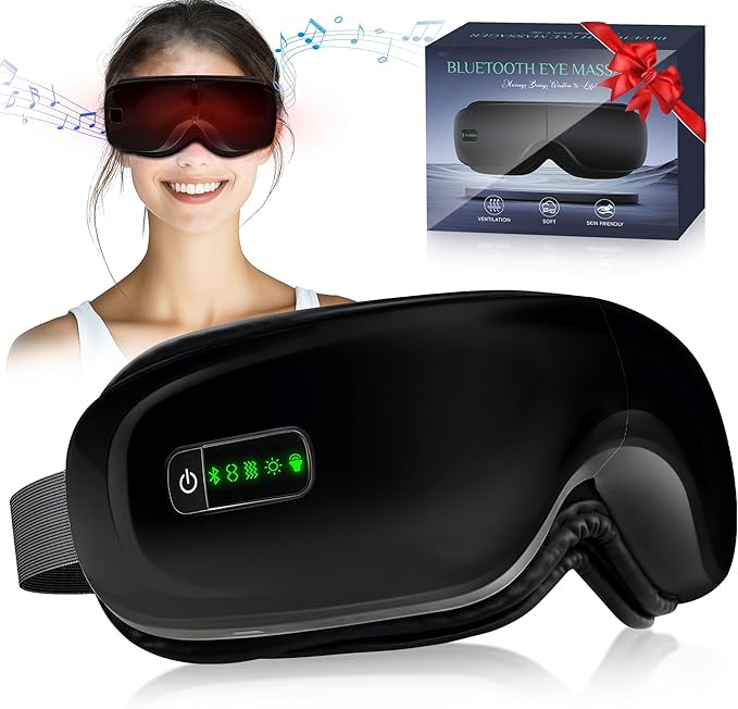 Eye Massager with Heat, Eye Mask with Bluetooth Music/Vibration/Hot Compress, Eye Care with 5 Massage Modes and 180° Folding Design, for Relax and Relief Eye Strain, Gifts for Women/Men(Blcak)