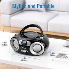 Load image into Gallery viewer, MEGATEK Portable CD Player Boombox with FM Radio, Bluetooth, and USB Port | Clear Stereo Sound | CD-R/RW and MP3 CDs Compatible | 3.5mm Aux Input and Headphone Jack | Backlit LCD Display - Black
