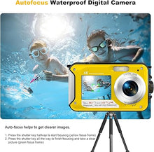 Load image into Gallery viewer, 4K Underwater Camera with 32GB Card 1250mAh Battery 56MP Autofocus 11FT Waterproof Camera Dual-Screen Selfie 16X Waterproof Floatable Digital Camera Underwater Camera for Snorkeling, Yellow
