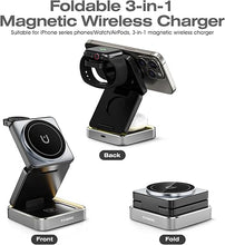 Load image into Gallery viewer, Wireless Charger 3 in 1, Foldable Charging Station Compatible with Apple Magsafe Device, Portable Travel Magnetic Charger Stand with Light for iPhone16 15 14 13 12 Series Watch &amp; Airpods
