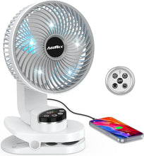 Load image into Gallery viewer, 8 inch Desk Fan, 20000mAh Rechargeable Clip On Fan with Atmosphere Light, Battery Operated, 112 Hours Work, 9 Speed Ultra Quiet, Auto Oscillation Table Fan for Travel Camping Bedroom Office Home
