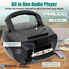 Load image into Gallery viewer, PHILCO Portable Bluetooth Boombox with CD &amp; Cassette Player | Cassette Recorder | Bluetooth Audio | MP3/WMA/CD-R/CD-RW Compatible | FM Radio | 3.5mm Aux &amp; Headphone Jack | AC/Battery for Portability
