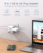 Load image into Gallery viewer, 2 Pack US to UK Ireland Travel Plug Adapter, Type G Power Plug Adapter with 3 Outlets 3 USB Ports(1USB C), European Travel Plug Adapter for USA to England London Scotland British Qatar Irish Hongkong
