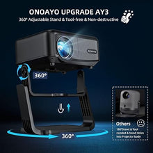 Load image into Gallery viewer, [360°Adjustable Stand] Mini Projector with WiFi and Bluetooth: Electric Focus &amp; Auto Keystone 1080P 500 ANSI Bluetooth Projector, ONOAYO AY3 Portable Movie Phone Projector for Home Upgrade Black
