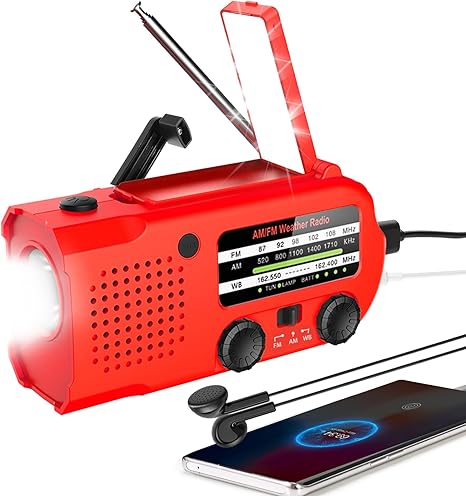 NOAA Emergency Weather Radio, 5000mAh Weather Alert Radio Solar Charging, Hand Crank & USB Charged, AM/FM Radio with LED Flashlight, Reading Lamp, SOS Alarm, Headphone Jack for Outdoor