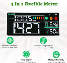 Load image into Gallery viewer, Decibel Meter Wall Mounted Hanging and Desktop Sound Level Meter, 11 inch LED Large Display Noise Meter Decibel Time Temperature Humidity Meter with Alarm Icons Indicator for Classroom,Home, Studio
