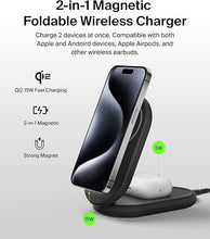 Load image into Gallery viewer, Belkin MagSafe-Compatible iPhone Charger, 2-in-1 Magnetic Foldable Charger 15W - Qi2-Certified Wireless Charger for Apple iPhone 16, iPhone 15 w/Non-Slip Base, PSU Included - Black

