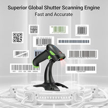 Load image into Gallery viewer, Tera Barcode Scanner Wireless 1D 2D QR with Stand: Battery Level Indicator 3 in 1 Works with Bluetooth 2.4G Wireless USB Wired Handheld Bar Code Reader with Vibration Alert HW0002 Green
