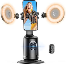 Load image into Gallery viewer, Auto Face Tracking Tripod with 2 Selfie Ring Light, 360° Rotation Face Body Phone Holder Smart Shooting Camera Mount with Remote, Rechargeable Smart Shooting Holder for Vlog, Streaming, Video, Tiktok
