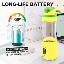 Load image into Gallery viewer, Portable Blender, Anti-Jamming 300 Watt for Shakes and Smoothies, 24oz Travel Blender USB Rechargeable, BPA Free Sporty bottle with a Travel Lid. (Yellow Base Green Lid)
