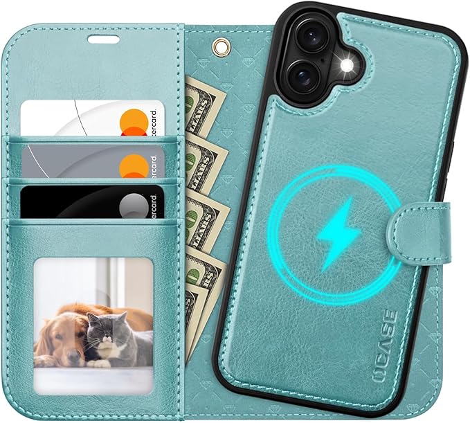 OCASE for iPhone 16 Case Detachable Wallet Case with Card Holder, 2 in 1 Pu Leather Flip Folio with RFID Blocking Stand Wrist Strap Shockproof Phone Cover 6.1 Inch 2024, Ice Blue