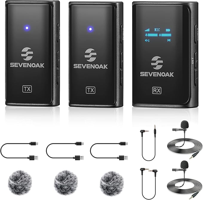 Sevenoak SKM-K2 OLED Wireless Lavalier Microphone for iPhone/Camera/Android, 2.4GHz wireless Lapel Microphone with Stereo/Mono for Youtube,Tiktok Live Stream, Video Recording, Vlogging