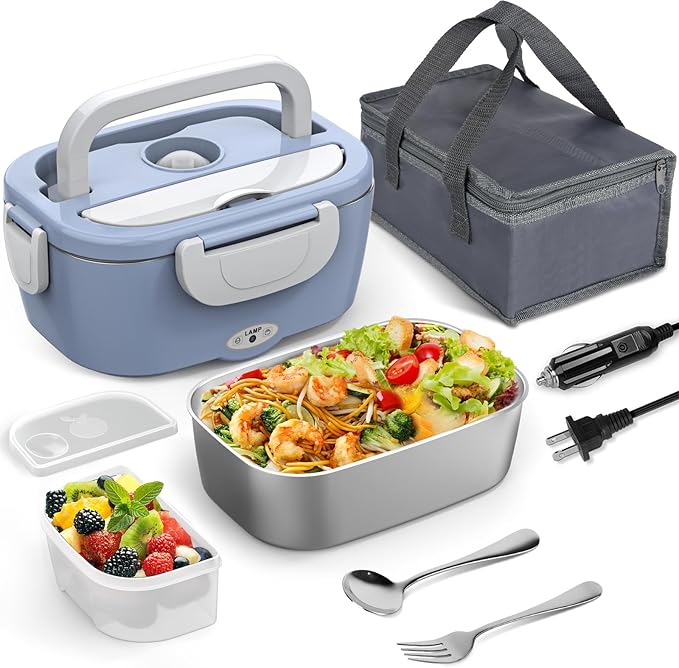 Bule Electric Lunch Box Food Heater, 60-80W Heated Lunch Box for Adults, 12V 24V 110V Portable Food Warmer LunchBox for Car Truck Work with Removable 304 Stainless Steel Container, Carry Bag