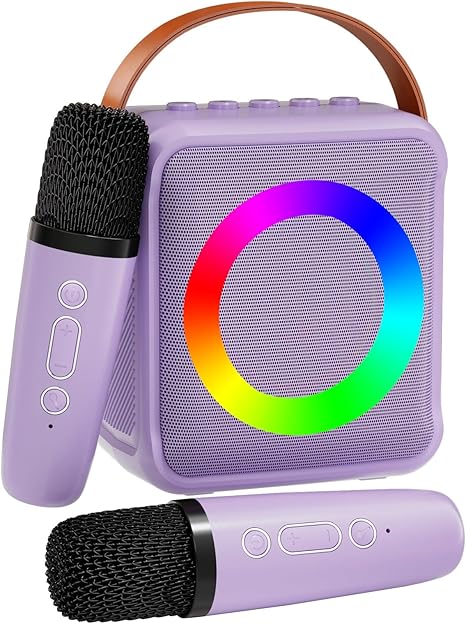 Mini Karaoke Machine for Kids Adults, Portable Bluetooth Speaker with 2 Wireless Microphones, Microphone Speaker Set with LED Disco Lights for Home Party, Birthday Gifts for Girls Boys(Purple)