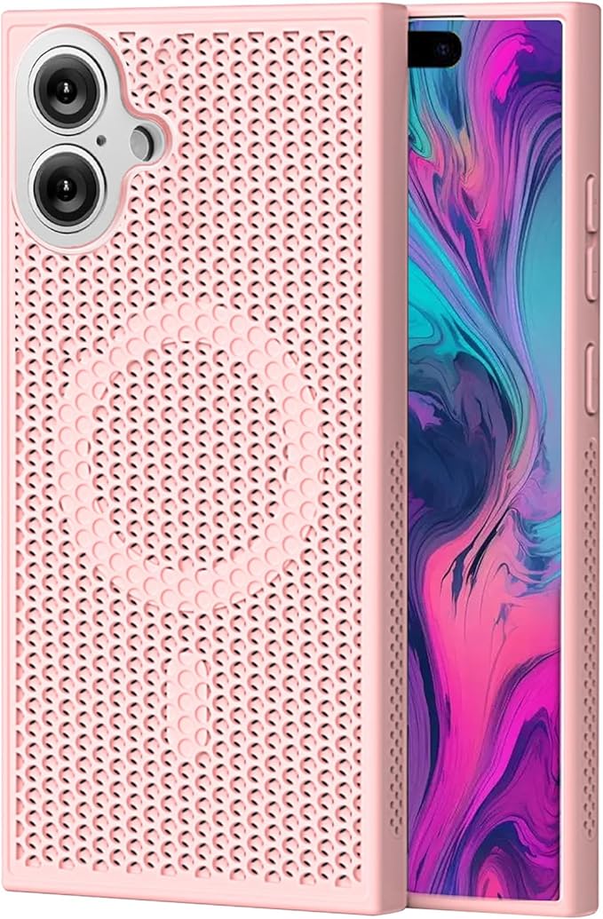 CCSmall for Apple iPhone 16 Plus Heat Dissipation Case with Magnetic Ring, Mesh Breathable Hollow Cellular Hole Slim Phone Case Cover for iPhone 16 Plus SR Pink