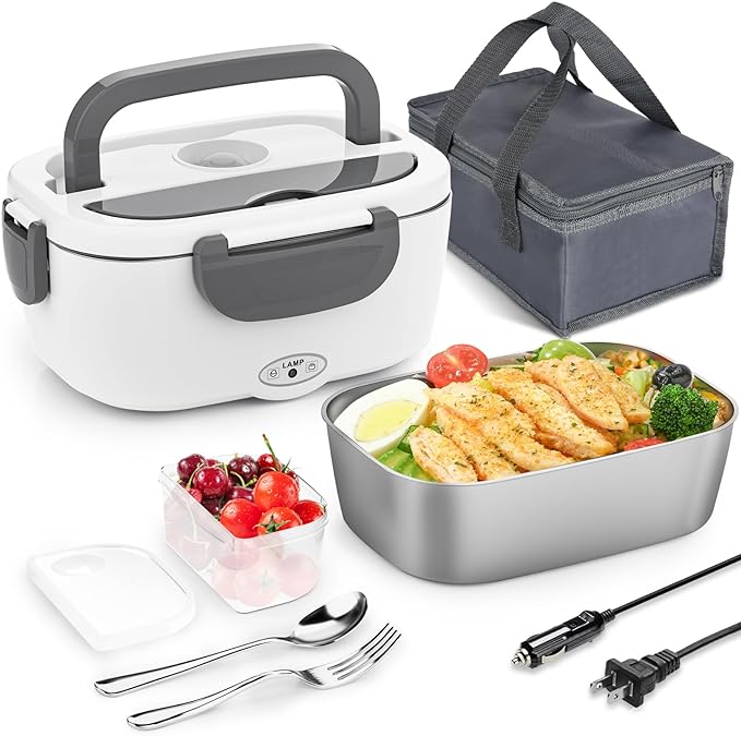 Electric Lunch Box Food Heater - 3 in 1 Portable Leakproof Heated Lunch Box for Car/Home/Adults with 1.5L Removable 304 Stainless Steel Container, 60-80W, 12V/24V/110V (White)