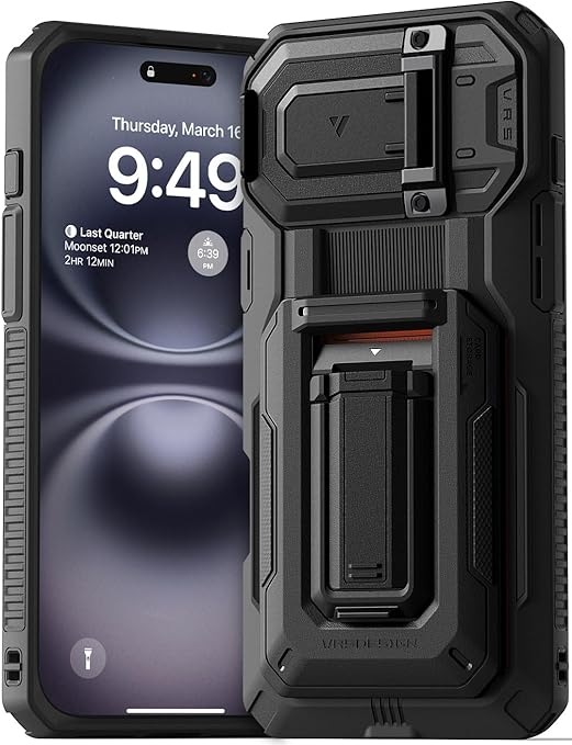VRS DESIGN Origin Wallet Card Holder Case [3 Cards] for iPhone 16 Plus (2024), Rugged Semi-Automatic 3-Card Slot & Kickstand Case (Matte Black)