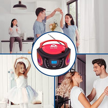 Load image into Gallery viewer, KLIM Boombox Portable Audio System - New 2024 - FM Radio CD Player Bluetooth MP3 USB AUX - Includes Rechargeable Batteries - Wired &amp; Wireless Modes - Compact and Sturdy - Red
