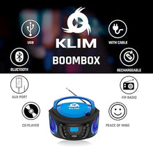 Load image into Gallery viewer, KLIM Boombox Portable Audio System - New Version 2024 - FM Radio CD Player Bluetooth MP3 USB AUX - Includes Rechargeable Batteries - Wired &amp; Wireless Modes - Compact and Sturdy - Blue
