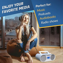 Load image into Gallery viewer, KLIM Boombox B4 CD Player Portable Audio System - New - AM/FM Radio with CD Player MP3 Bluetooth AUX USB - Wired &amp; Wireless Mode Rechargeable Battery - Remote Control Autosleep Digital EQ White
