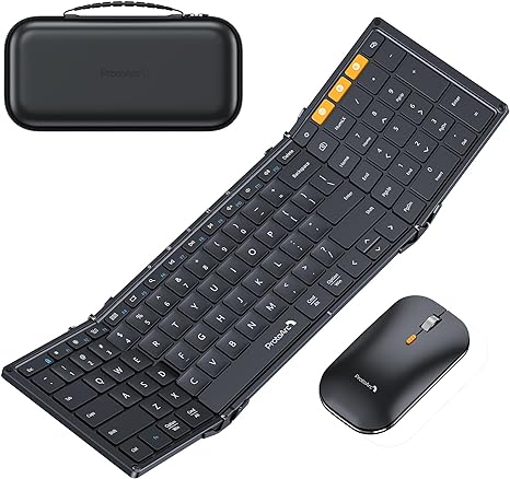 ProtoArc Foldable Keyboard and Mouse, XKM01 True Full-Size Folding Keyboard Mouse Combo for Business and Travel, 2.4G+Dual Bluetooth Portable Mouse Keyboard for Laptop iPads Tablets - Black