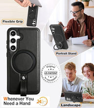 Load image into Gallery viewer, for Samsung Galaxy S25 Case with Stand, Anti-Slip Shockproof Loop, Compatible with MagSafe, Magnetic Protective Leather Case with Camera Lens and Screen Protector (Black, S25)
