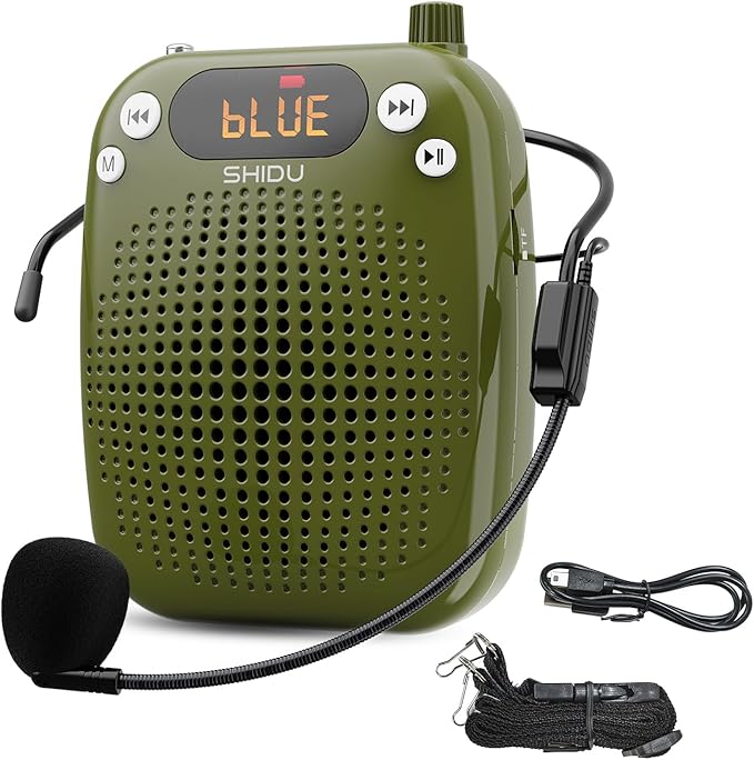 SHIDU Voice Amplifier, 10W Speaker with Microphone Headset Portable Megaphone PA System Support Bluetooth, FM, TF Card, USB Flash Disk for Teachers, Classroom, Tour Guide, Training (Green)