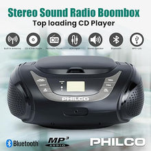 Load image into Gallery viewer, PHILCO Portable Bluetooth Boombox with CD Player | Compatible with MP3/WMA/CD-R/CD-RW | FM Radio | 3.5mm Aux Input | Stereo Sound | LED Display | AC/Battery Powered | Compact and Easy-to-Use
