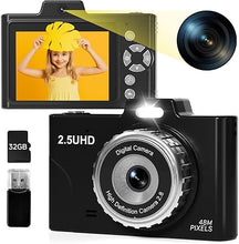 Load image into Gallery viewer, Digital Camera for Teens, 48MP FHD Dual Camera with 2.5K Video, 32GB SD Card, 8X Zoom, Black Small Camera with Card Reader, Compact Point and Shoot Camera with Games for Kids, Boys, Student
