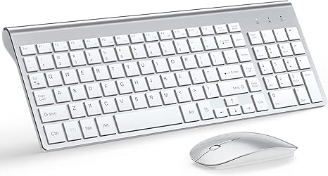 Wireless Keyboard and Mouse Ultra Slim Combo, TopMate 2.4G Silent Compact USB 2400DPI Mouse and Scissor Switch Keyboard Set with Cover, 2 AA and 2 AAA Batteries, for PC/Laptop/Windows/Mac-Silver White