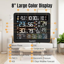 Load image into Gallery viewer, Raddy N80 Smart Wi-Fi Weather Station with APP Control, Indoor Outdoor Thermometer Wireless with 8 Inch Large Display, Sunset/Sunrise Time, PM2.5/AQI, UV Index, 4 Alarm Clock
