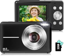 Load image into Gallery viewer, Digital Camera, 2024 Upgraded 1080P Digital Cameras for Kids, 44MP Digital Point and Shoot Camera with 16X Zoom, Anti-Shake, 32GB SD Card, Compact Small Travel Camera for Boys Girls Teens, Black
