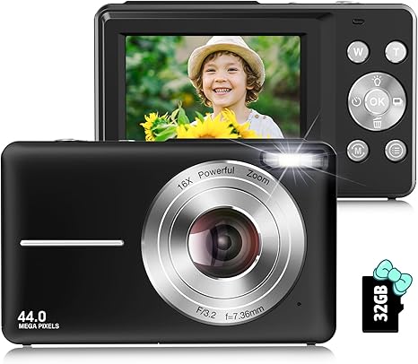 Digital Camera, 2024 Upgraded 1080P Digital Cameras for Kids, 44MP Digital Point and Shoot Camera with 16X Zoom, Anti-Shake, 32GB SD Card, Compact Small Travel Camera for Boys Girls Teens, Black