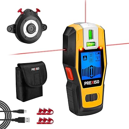 PREXISO 2-in-1 Stud Finder with Laser Level, Rechargeable Multi Surface Cross Line Laser & Wall Stud Scanners Tool for Hanging Frames & Picture, Wood Ac Wire Metal Studs Joist Pipe Detection