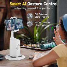Load image into Gallery viewer, Auto Face Tracking Tripod, 360° Rotation Auto Tracking Phone Holder with 2 Cold Shoes, No App, Rechargeable Phone Camera Mount with Remote and Gesture Control for Video Recording
