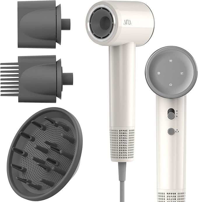 AINA Hair Dryer, Blow Dryer with Diffuser Brush Comb for Women - BLDC Hair Dryer - Brushless Motor, 110,000 RPM Lightweight, Ionic Travel, 3 Magnetic Attachments 110V/ALCI(White)