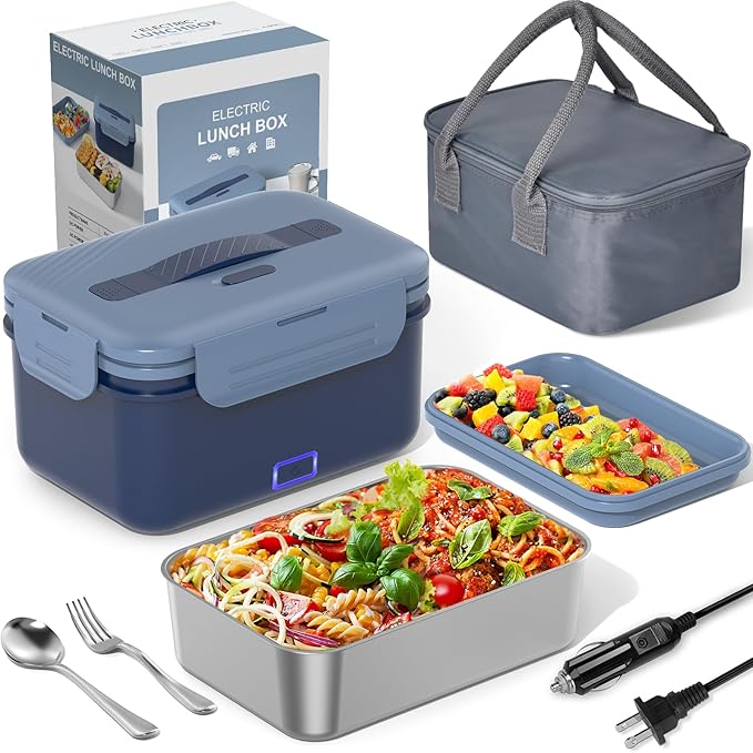 Electric Lunch Box Food Heater Upgrade 3 in 1 Portable Food Warmer 100W Leakproof Heated Lunch Box for Adults Car/Truck/Office with 1.8L SS Container Fork Spoon Carry Bag, 12V/24V/110V