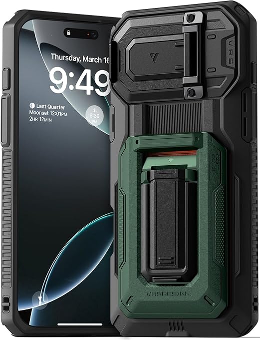 VRS DESIGN Origin Wallet Card Holder Case [3 Cards] for iPhone 16 Pro Max (2024), Rugged Semi-Automatic 3-Card Slot & Kickstand Case (Metallic Green)