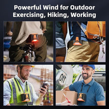 Load image into Gallery viewer, Waist Fan Presonal Outdoor Fan Portable, 6000mah Rechargeable Battery Powered, Clip Belt Fa with LED Emergy Flashing Light, 25H Strong Airflow Neck Fan for Working,Hiking,Biking,Camping,Orange
