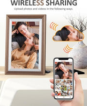 Load image into Gallery viewer, WiFi Digital Picture Frame 10.1 Inch 1280x800 HD IPS Touch Screen 16GB Storage, Smart Digital Photo Frame with Free Frameo APP to Share Photos or Videos Anywhere (Wood Frame)
