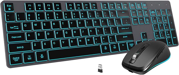 Backlit Wireless Keyboard and Mouse, Rechargeable Quiet Wireless Keyboard Mouse Combo, Jiggle Mouse, 2.4G Cordless USB Keyboard Slim Full Size for Apple iMac, MacBook, laptop and PC, Space Gray