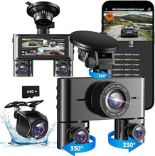 Load image into Gallery viewer, 360 Dash Cam Front and Rear Inside, 4 Channel Dash Camera for Cars FHD 1080Px4, Built-in Wi-Fi, 3.16” IPS Screen, WDR Night Vision, Included 64GB Card, 24H Parking Mode
