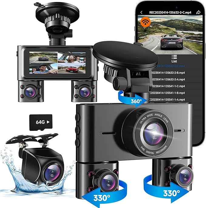 360 Dash Cam Front and Rear Inside, 4 Channel Dash Camera for Cars FHD 1080Px4, Built-in Wi-Fi, 3.16” IPS Screen, WDR Night Vision, Included 64GB Card, 24H Parking Mode
